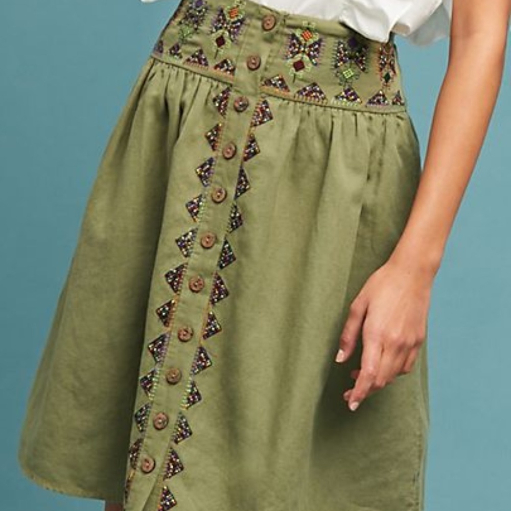 Anthropologie Maeve Embroidered Utility Skirt